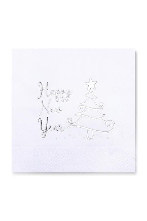 Story 33 X 33 Cm Gümüş Varak Happy New Year 1 Desenli Beyaz Renkli Kağıt Peçete