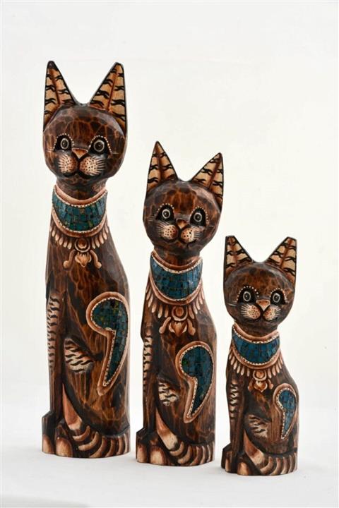 Aksesuar Dünyası Endonezya Ahşap El Oyması Mozaik Parçalı Aynalı 3 Lü Kedi Seti