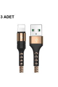 SKV MOBILE Iphone Usb Hızlı Şarj Ve Data Kablosu 5 Amper Örgülü 3'lü Paket Lightning Kablo Altın