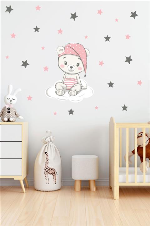 BK Decor Bulut Üzerinde Oturan Sevimli Ayıcık Çocuk Odası Duvar Sticker