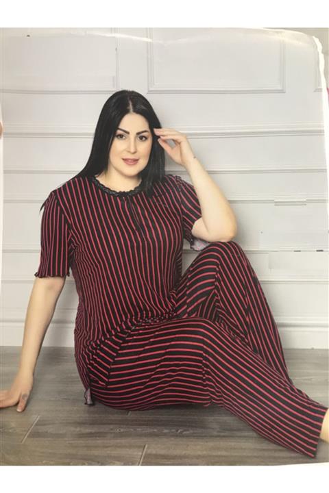 ARCAN Kadın Kırmızı Çizgili Büyük Beden Pijama Takım
