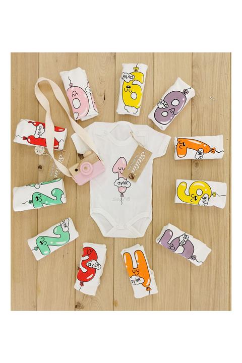 Sitilin Aylık Body Set 12 Ay Her Ay Özel Balon Baskılı Yarım Kollu Çıtçıtlı Erkek Badi