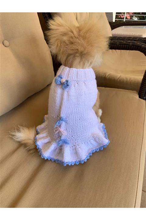 ORGANICMIRA Kedi Köpek Beyaz Mavi Elbise Pet Kıyafet