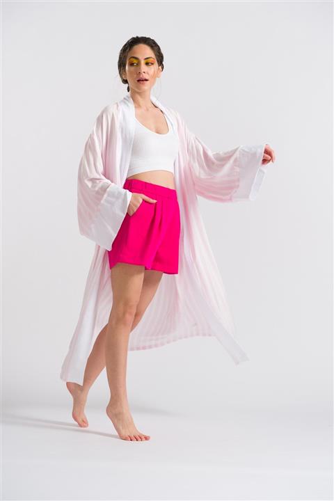 HOELO Uçuk Pempe Çizgili Uzun Kimono