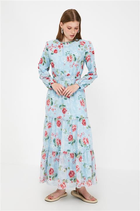 Trendyol Modest Mavi Bisiklet Yaka Tesettür Elbise TCTSS21EB0044