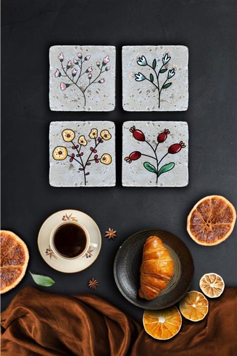 pixolog 4'lü Set Çiçek Desenli Taş Bardak Altlığı Ba208