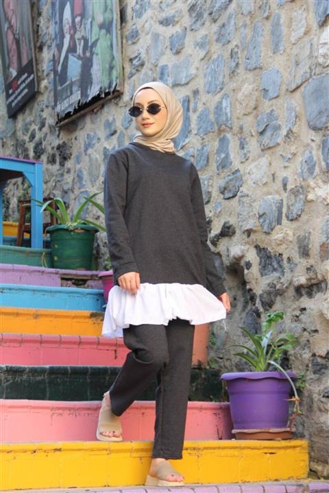 BURCU TESETTÜR Eteğı Fırfır Detayli Eşofman Takımı Btc0007 Antrasit