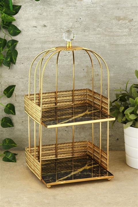 The Turkish Bride Burma Desenli Siyah Mermer Tabanlı Gold Kaplamalı Sunumluk Iki Katlı Kare Yarım Metal Organizer