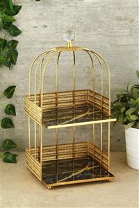 The Turkish Bride Burma Desenli Siyah Mermer Tabanlı Gold Kaplamalı Sunumluk Iki Katlı Kare Yarım Metal Organizer