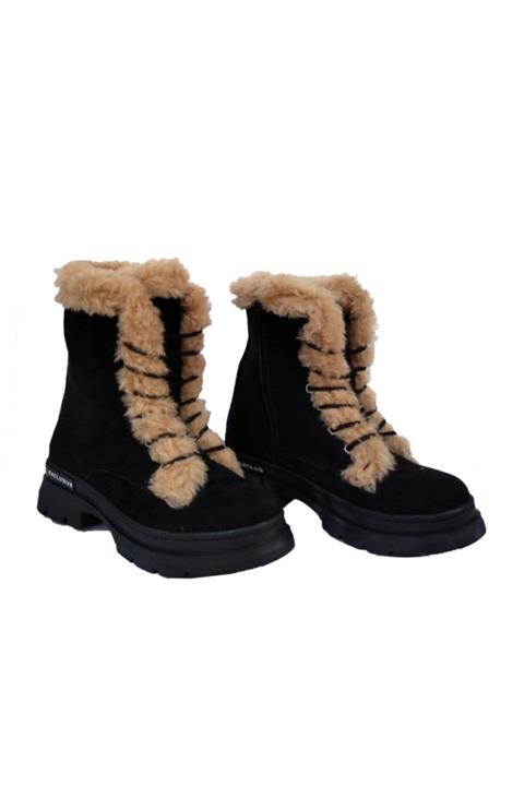 Rob's Ayakkabı Siyah Süet Içi Sıcak Astarlı Kürk Detaylı Fermuarlı Postal Kadın Bot-rbs1300