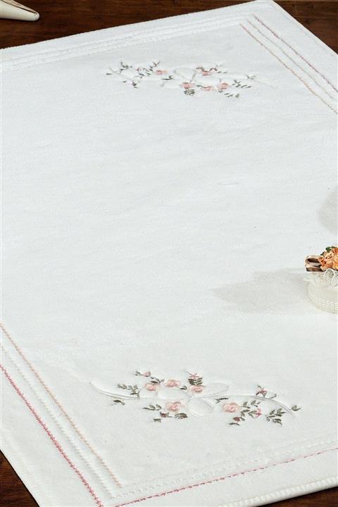 Royal Nazik Begonya Nakışlı Banyo Paspas Set 60x100 (Pudra)