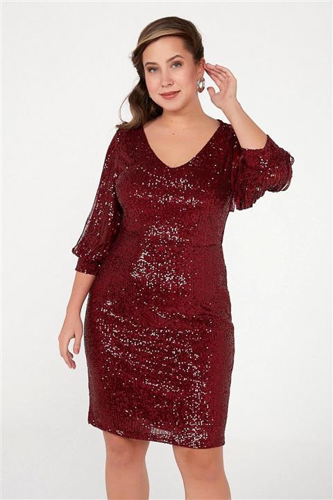 By Saygı Kadın Bordo Pul Payet Kol Detaylı B.B Astarlı Abiye Elbise Bordo S-19Y0290018