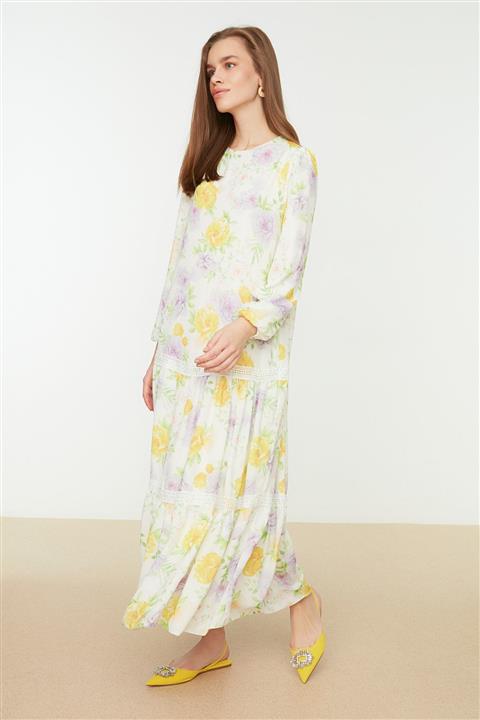 Trendyol Modest Beyaz Bisiklet Yaka Desenli Şifon Elbise TCTSS22EB0140