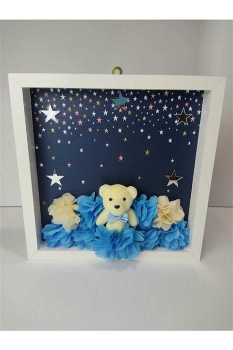 Cansüs Erkek Bebek Mavi Ayıcıklı Ahşap Kapı Süsü