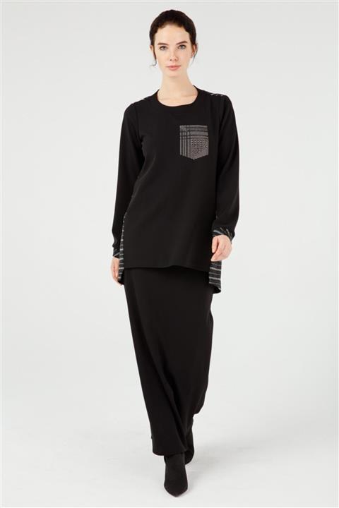 Esswaap Çizgi Desenli Taş Yapıştırmalı Etekli Takım