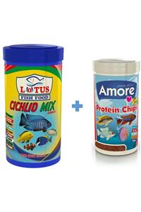 Lotus Cichlid Mix 1000ml + Amore Elite Protein Chips Pro Algae 250ml Akvaryum Balık Yemi