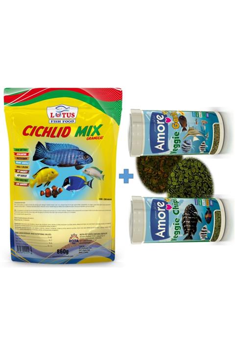 Lotus Cichlid Mix Granül Protein Bitkisel Karışık 860 G Malawi Ciklet Balık Yemi + 30 Gr + 30 Gr