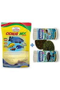 Lotus Cichlid Mix Granül Protein Bitkisel Karışık 860 G Malawi Ciklet Balık Yemi + 30 Gr + 30 Gr