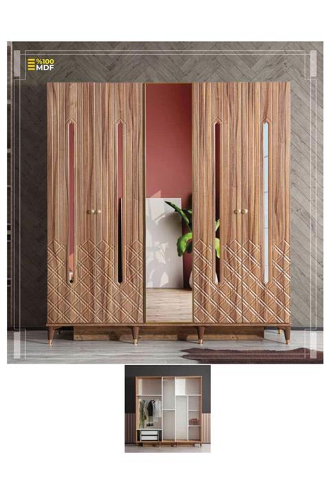 Çiftci Ticaret Ceviz Renk Mdf 1 Aynalı 5 Kapılı Dolap