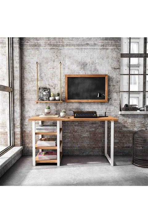 Woodesk Masif Ağaç Tik Renk 3lü Çalışma Masası Takımı