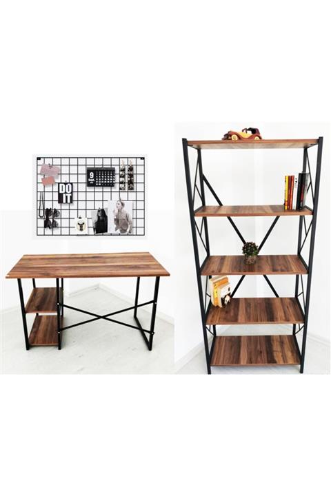 STONE CONCEPT MOBİLYA Çalışma Masası 5 Raflı Kitaplık Tel Pano 3lü Set Ceviz