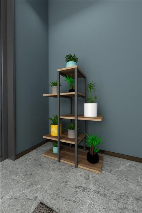 Evşehri Dekoratif Metal Gövdeli Ahşap Saksı Standı Metal Profil Saksılık Çiçek Rafı