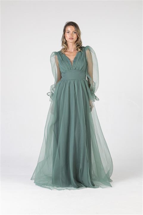 ALİS DRESS Limon Küfü Drapeli Balon Kollu Abiye