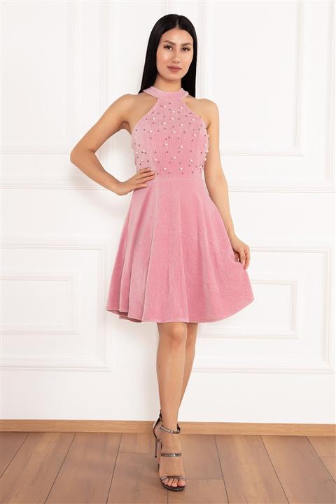 PULLIMM Yassi 3961 Incili Fitilli Kadife Elbise