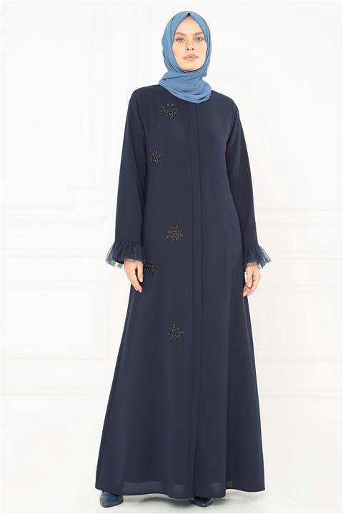 Beyza Tül Detaylı Taş Işlemeli Lacivert Ferace 3195
