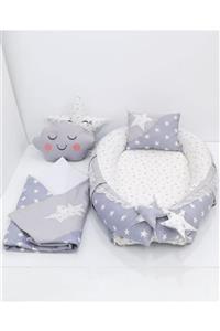 mordesign Bebek Anne Yanı Babynest Yatak, Polar Battaniye Ve Yastık 5' Li Set, Yıldız Desen Gri Renk