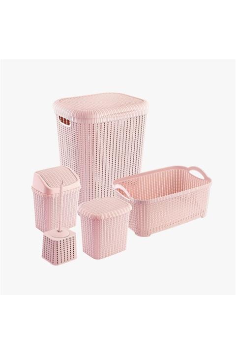 KOZART Örgü Desenli Toz Pembe 5'li Banyo Seti (kutulu)