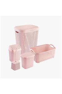 KOZART Örgü Desenli Toz Pembe 5'li Banyo Seti (kutulu)
