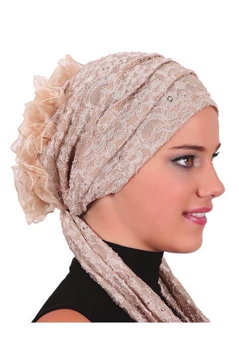 fidan bone Dantel Bağlama Bej Hazır Türban Tesettür Bone