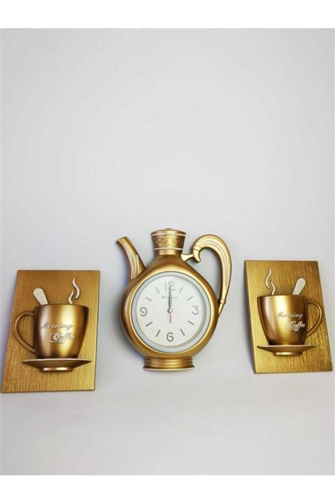 SHDekor Krd Home Dekoratif Mutfak Ve Çaydanlık Duvar Saati Altın / Gold