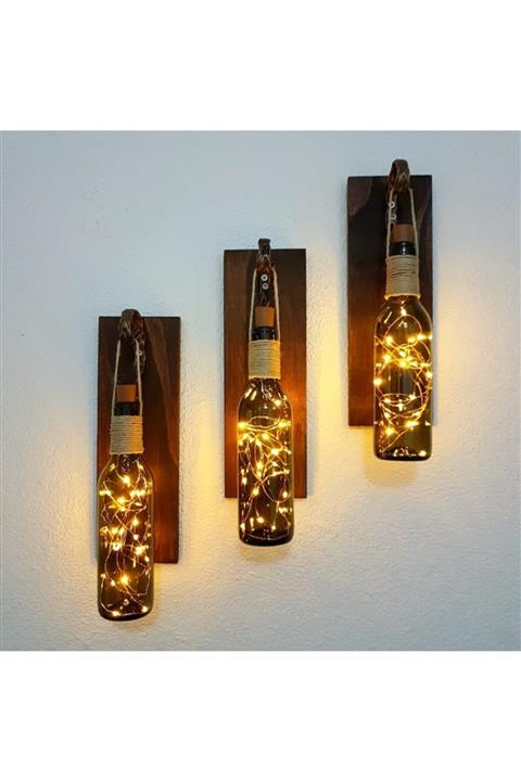 STDEKOR Retro Yeşil Şişeli Led Işıklı, Ceviz Aplik, 3 Lü Set