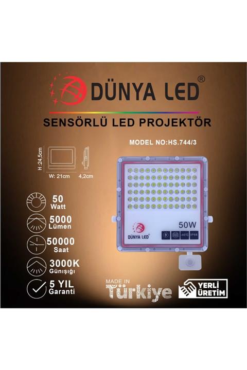 DÜNYA LED Hs.744/3 50w Sensörlü Slim Led Projektör 3000k Günışığı