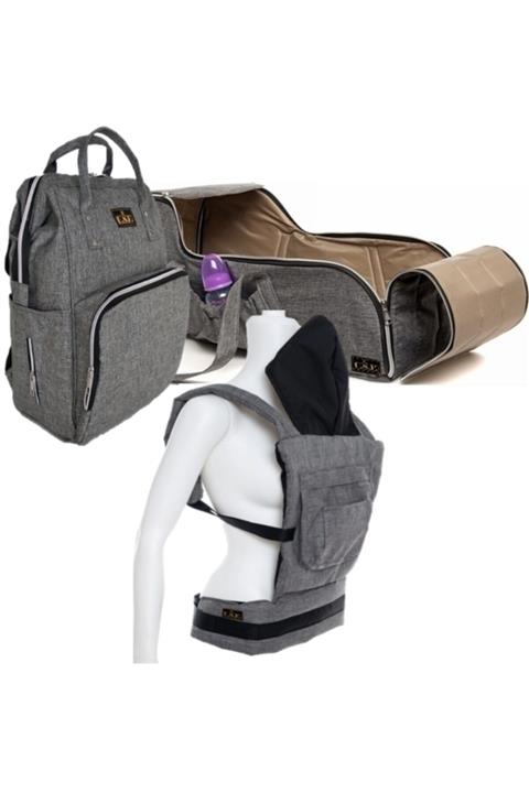 USF Portbebe Ana Kucağı Bebek Taşıma Kanguru Bebek Bakım Çantası 3 Lü Set Düz Gri
