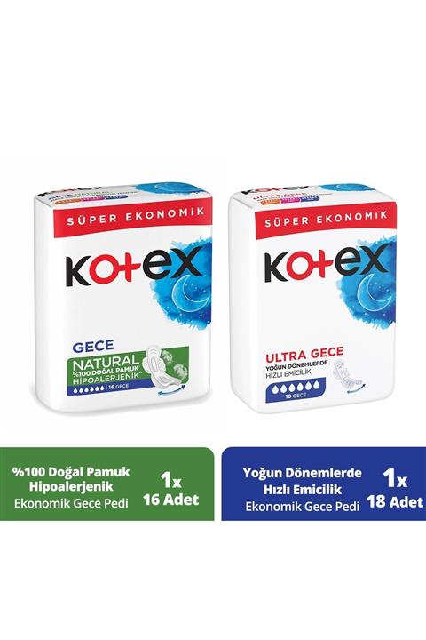 Kotex Natural Quadro 16'lı Gece + Ultra Quadro 18'li Gece