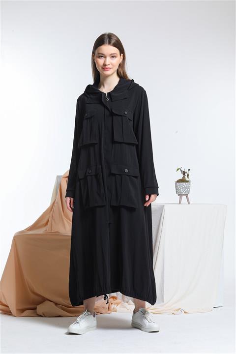 SAQA Prive Kadın Siyah Kapüşonlu Cep Detaylı Kap