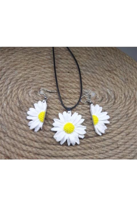 Dodemert Home Beyaz Papatya Polimer Kil Tasarım Kolye- Küpe