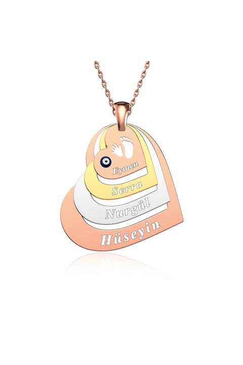 İNDİGO TAKI Dört Isimli Ayak Izi Kalpler Gümüş Kolye