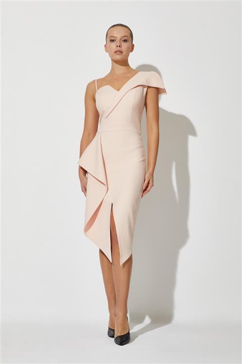 RENGIN Tek Omuz Ince Askılı Belden Volanlı Krep Elbise