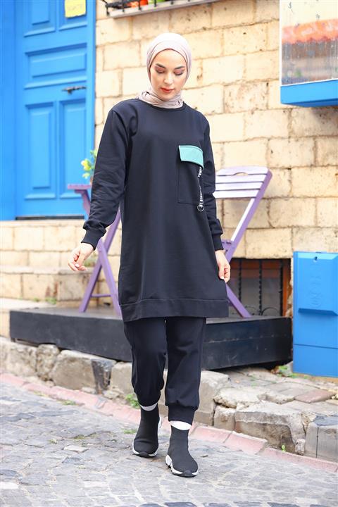 Duru Örme Tesettür Eşofman Takımı Siyah-nefti