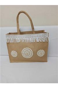 Karman Çorman Mandala Motif Dantel Püskül Detaylı Jüt Plaj Çantası