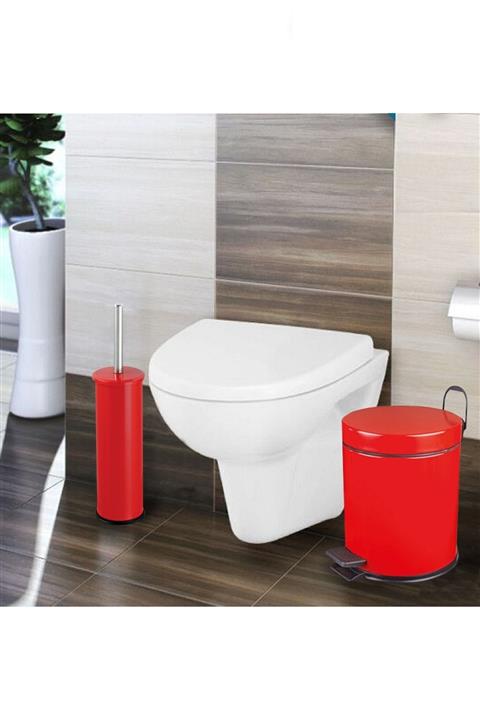 BAYMERA 5 Litre Çöp Kovası + Wc Fırçası Banyo Seti - Kırmızı