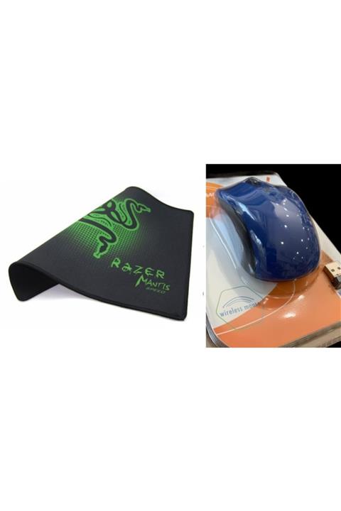 ATAEXPRESS Kaliteli Razer Oyuncu Mause Pad Kaydırmaz Mausepad 25cm + Kablosuz Wireless Mouse 2li Mavi