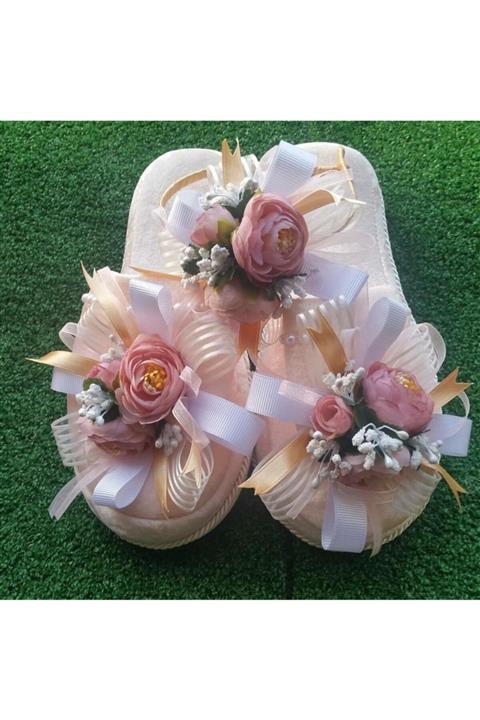 PEMBE MAVİ SÜS Çiçekli Lohusa Taç Terlik Seti