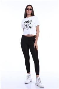 North Way Kadın Beyaz Crop Mickey&minnie Mouse Baskılı %100 Pamuk T-shirt