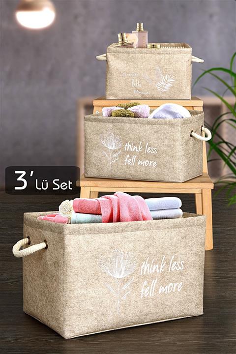 Meleni Home 3'lü Set Keçe Kulplu Düzenleyici Sepet Çok Amaçlı Saklama Organizer Kutu Hurç Mega Maxi Mini Bej