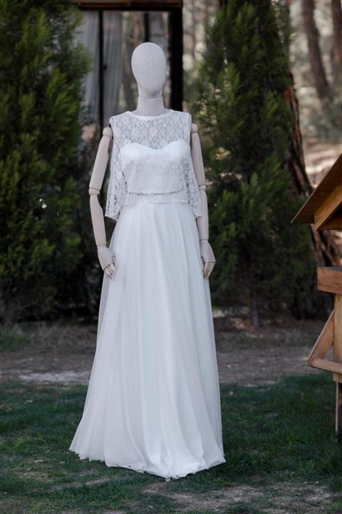 bride in love Kadın Kırık Beyaz Üç Parça Licra Tül Dantel Detaylı Gelinlik Nikah Elbisesi